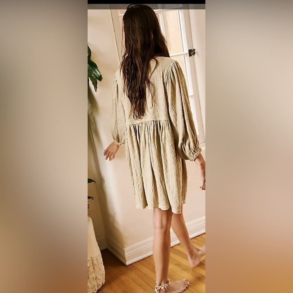 Free People Beach Get Obsessed Babydoll Dress XS Balloon Sleeve Tan Oversized - Picture 2 of 9